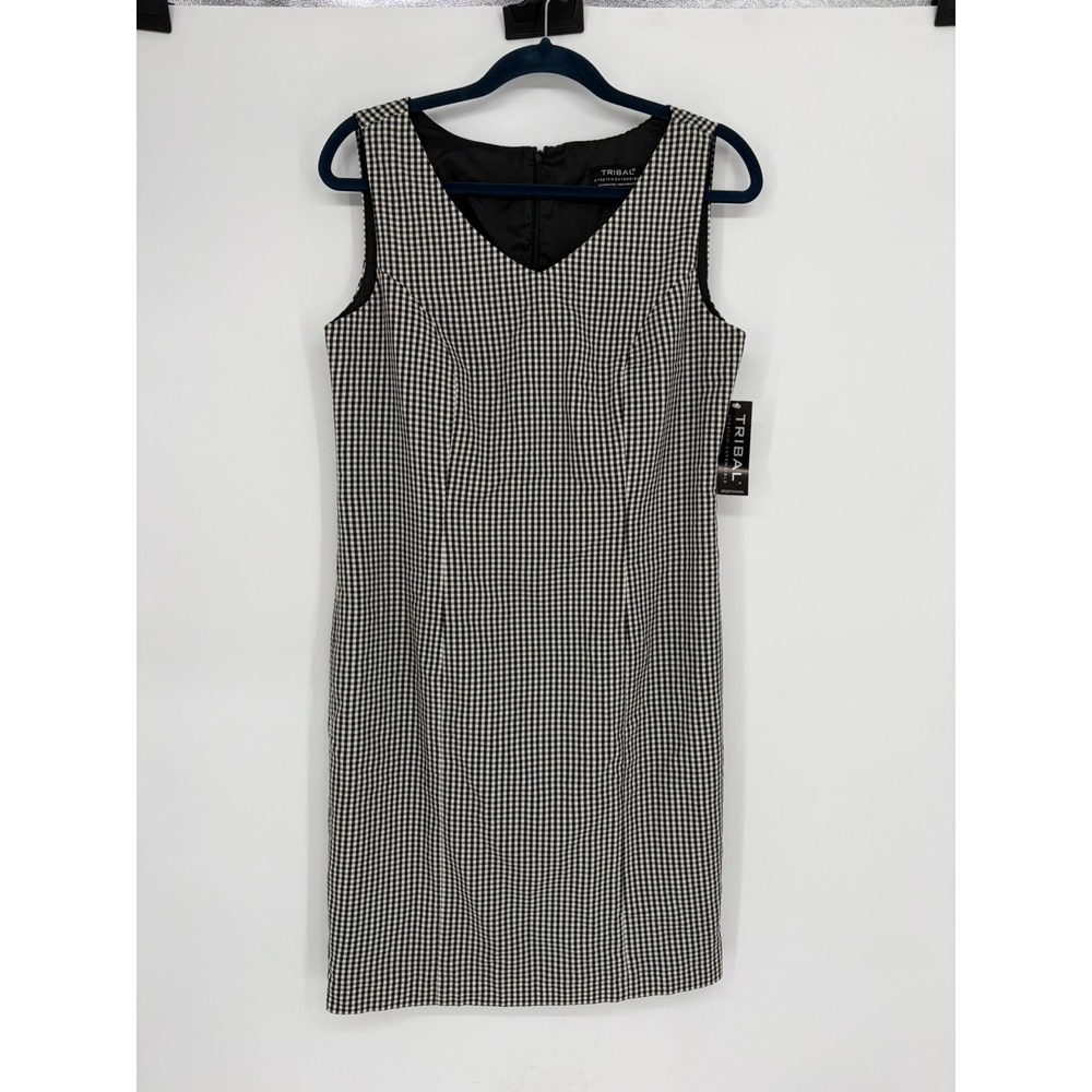 NWT Tribal Stretch-extensible Black and White Checked sleeve Dress Midi Size 8